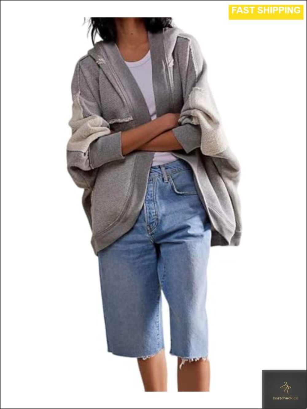 Oversized Open Front Hoodie Cardigan Batwing Sleeve Patchwork Y2K Sweatshirt